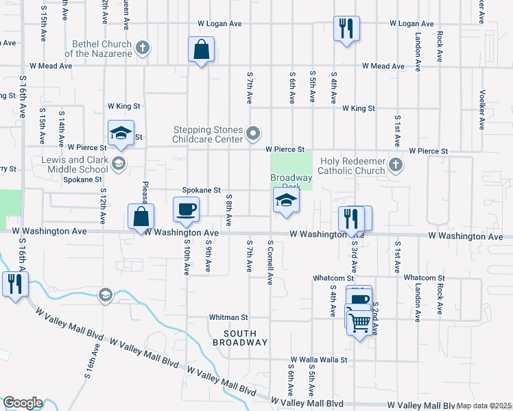 map of restaurants, bars, coffee shops, grocery stores, and more near 1807 South 7th Avenue in Yakima