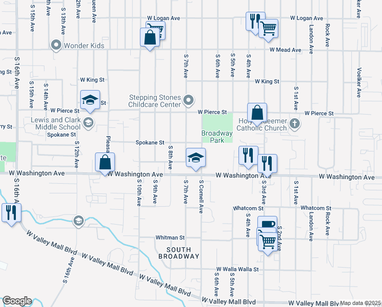map of restaurants, bars, coffee shops, grocery stores, and more near 1807 South 7th Avenue in Yakima