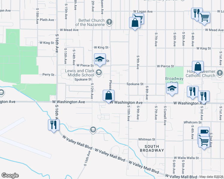 map of restaurants, bars, coffee shops, grocery stores, and more near 1803 Pleasant Avenue in Yakima