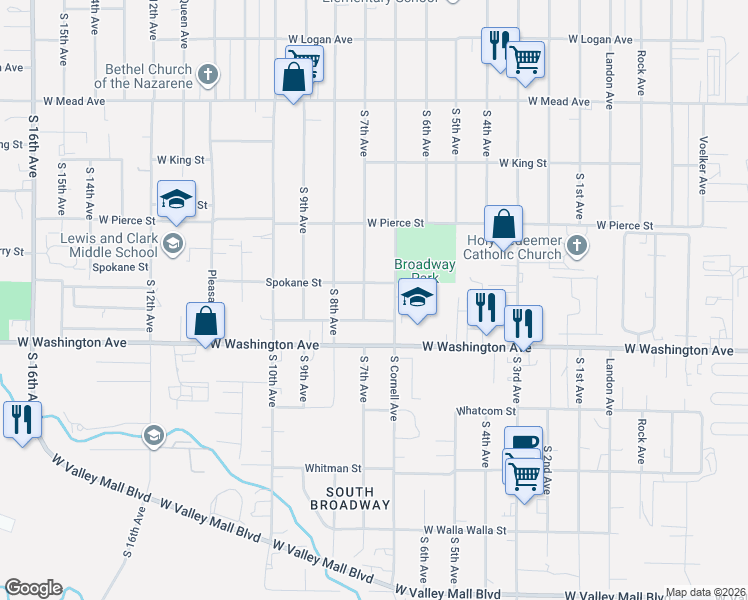 map of restaurants, bars, coffee shops, grocery stores, and more near 1807 South 7th Avenue in Yakima