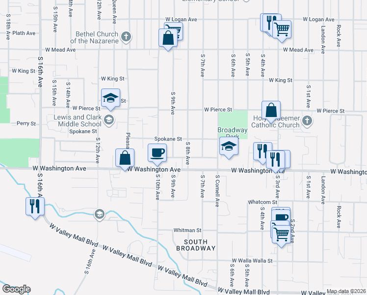 map of restaurants, bars, coffee shops, grocery stores, and more near 1810 South 8th Avenue in Yakima