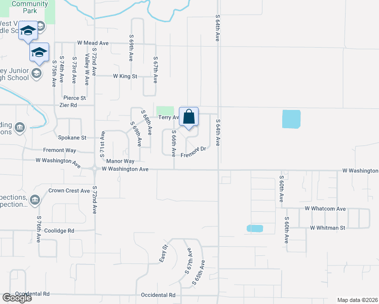 map of restaurants, bars, coffee shops, grocery stores, and more near 6513 Fremont Drive in Yakima