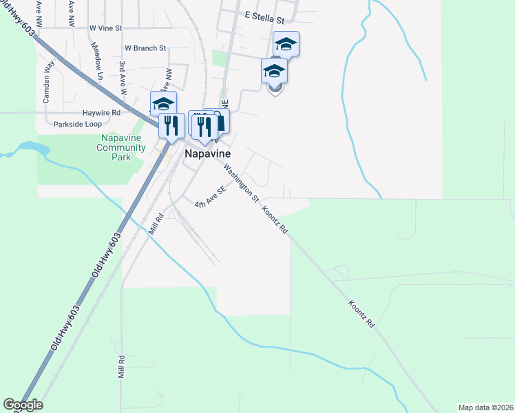 map of restaurants, bars, coffee shops, grocery stores, and more near 602 Koontz Road in Chehalis