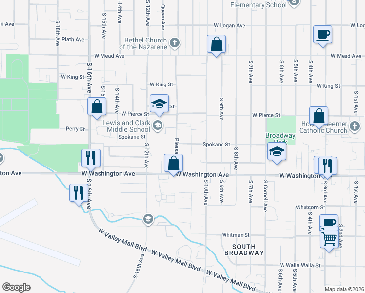 map of restaurants, bars, coffee shops, grocery stores, and more near 1803 Pleasant Avenue in Yakima