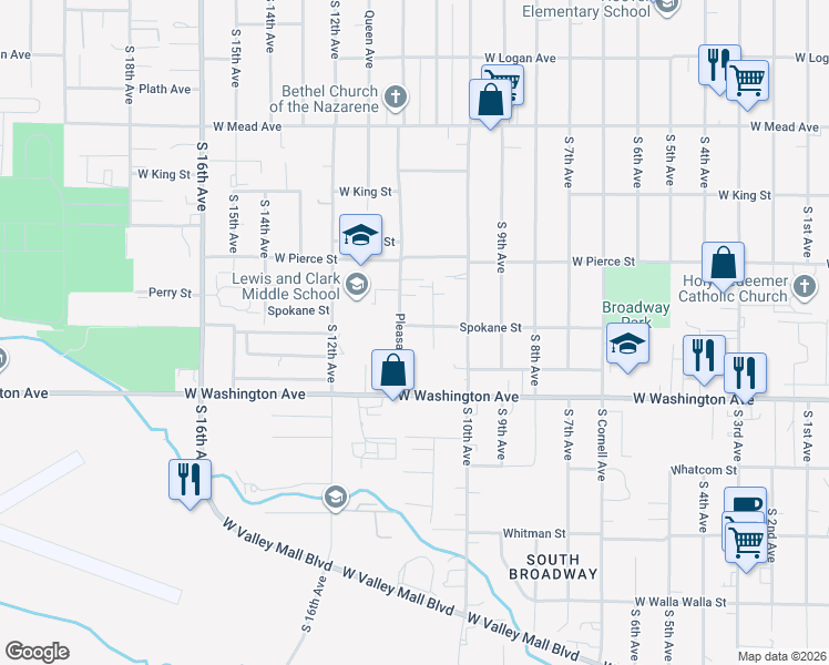 map of restaurants, bars, coffee shops, grocery stores, and more near 1803 Pleasant Avenue in Yakima