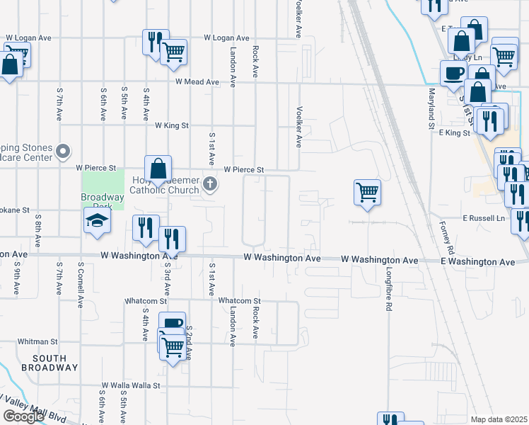 map of restaurants, bars, coffee shops, grocery stores, and more near 55 West Washington Avenue in Yakima