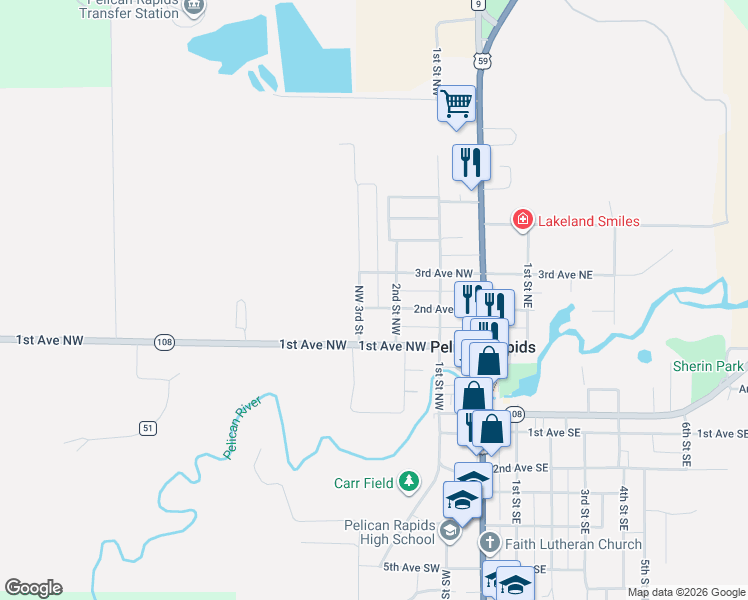 map of restaurants, bars, coffee shops, grocery stores, and more near 218 2nd Avenue Northwest in Pelican Rapids