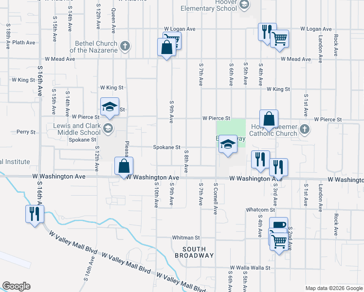 map of restaurants, bars, coffee shops, grocery stores, and more near 1810 South 8th Avenue in Yakima