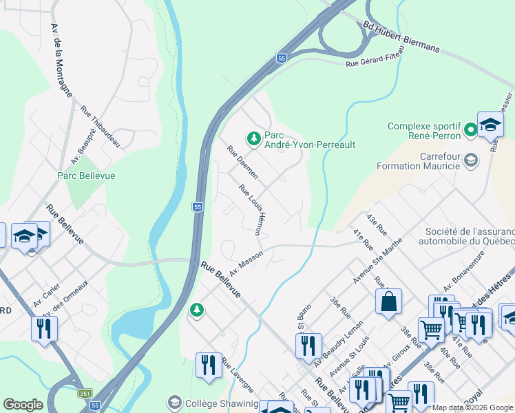 map of restaurants, bars, coffee shops, grocery stores, and more near 3173 Rue Louis Hémon in Shawinigan
