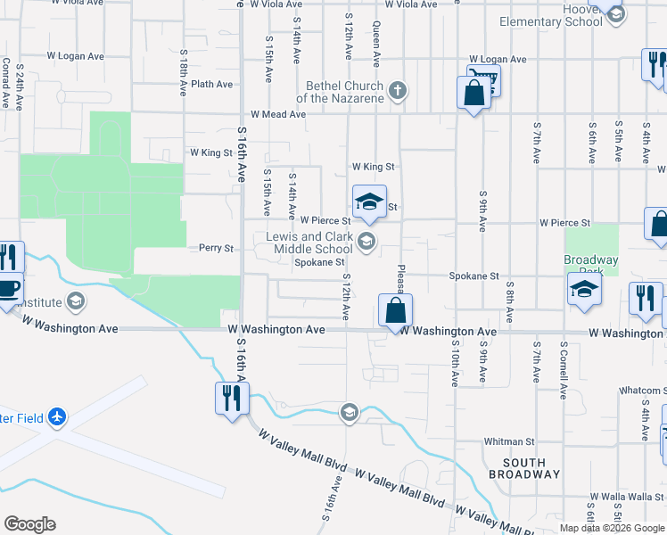 map of restaurants, bars, coffee shops, grocery stores, and more near 1302 Perry Court in Yakima