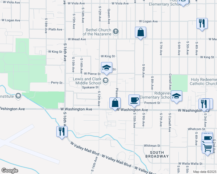 map of restaurants, bars, coffee shops, grocery stores, and more near 1114 West Pierce Street in Yakima