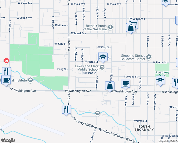map of restaurants, bars, coffee shops, grocery stores, and more near 1302 Perry Court in Yakima