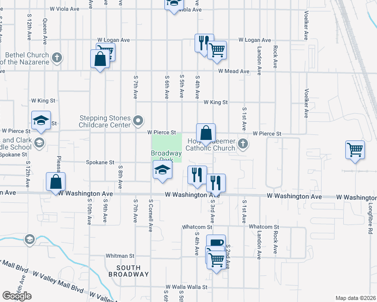 map of restaurants, bars, coffee shops, grocery stores, and more near 313 Perry Street in Yakima