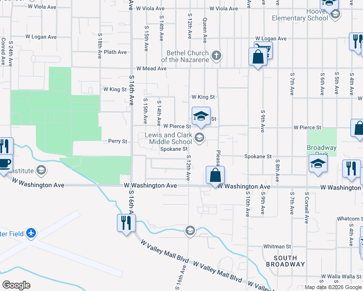 map of restaurants, bars, coffee shops, grocery stores, and more near 1302 Perry Court in Yakima
