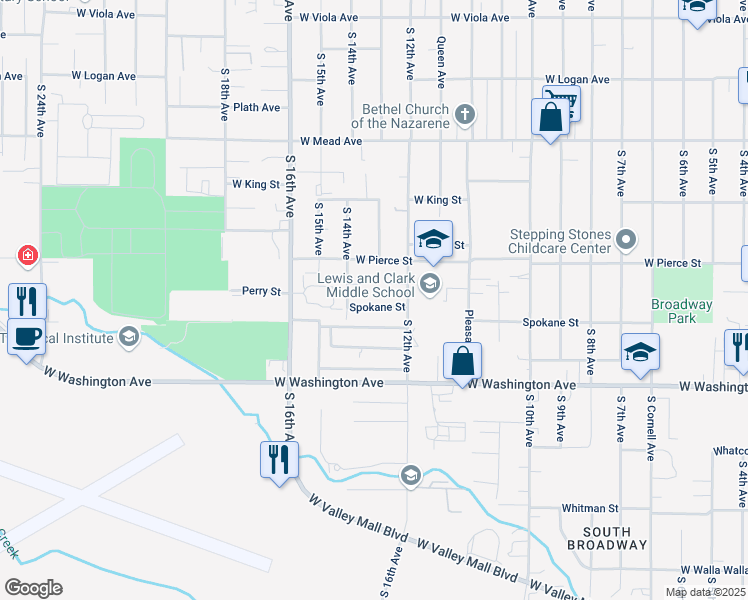 map of restaurants, bars, coffee shops, grocery stores, and more near 1302 Perry Court in Yakima