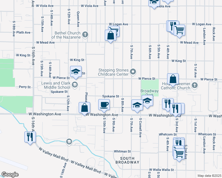 map of restaurants, bars, coffee shops, grocery stores, and more near 1712 South 9th Avenue in Yakima