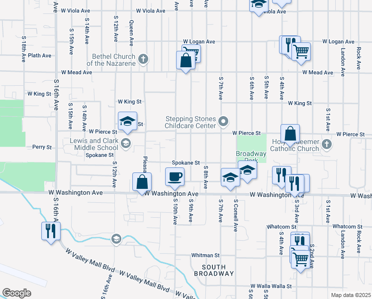 map of restaurants, bars, coffee shops, grocery stores, and more near 1712 South 9th Avenue in Yakima