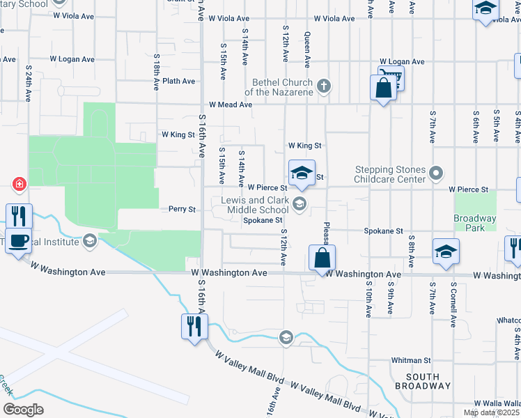 map of restaurants, bars, coffee shops, grocery stores, and more near 1302 Perry Court in Yakima