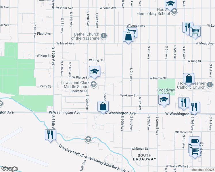 map of restaurants, bars, coffee shops, grocery stores, and more near 1709 Pleasant Ave in Yakima