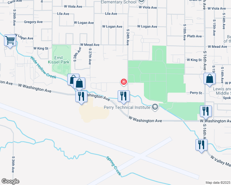 map of restaurants, bars, coffee shops, grocery stores, and more near 2500 Racquet Lane in Yakima
