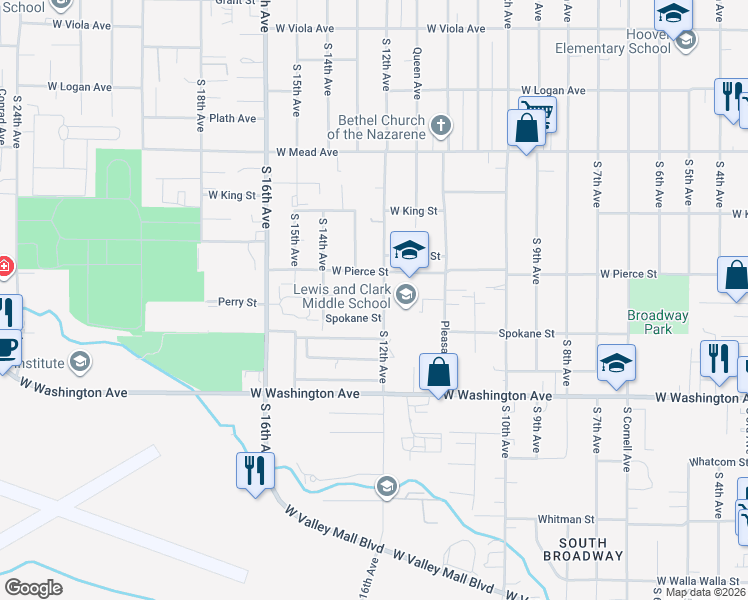 map of restaurants, bars, coffee shops, grocery stores, and more near 1704 South 12th Avenue in Yakima