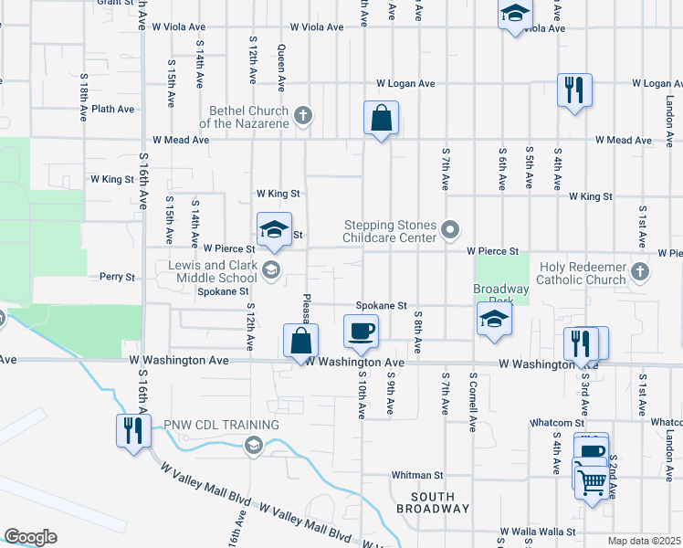 map of restaurants, bars, coffee shops, grocery stores, and more near 1709 South 11th Avenue in Yakima