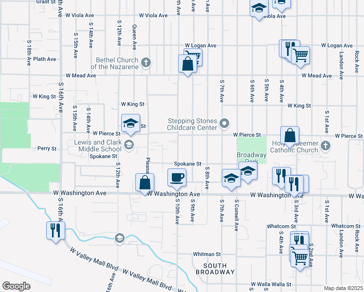map of restaurants, bars, coffee shops, grocery stores, and more near 1712 South 9th Avenue in Yakima