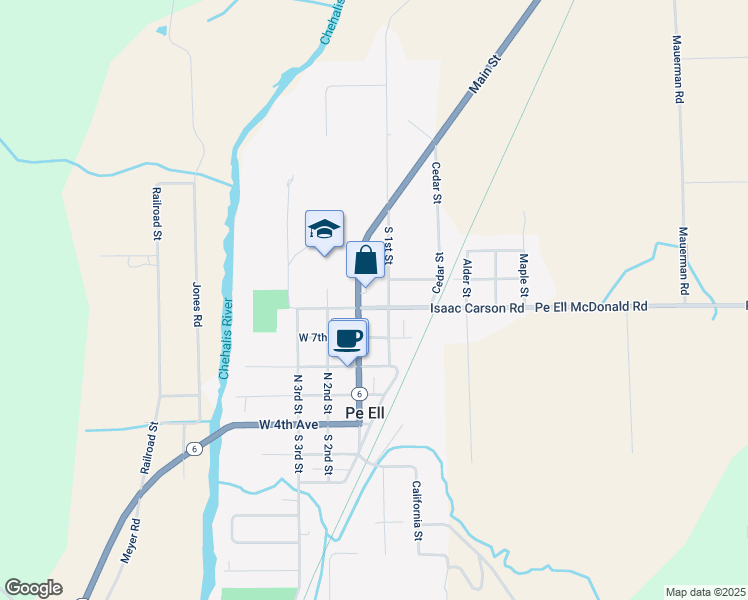 map of restaurants, bars, coffee shops, grocery stores, and more near 114 East Pe Ell Avenue in Pe Ell