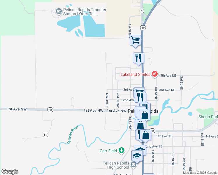 map of restaurants, bars, coffee shops, grocery stores, and more near 301 3rd Street Northwest in Pelican Rapids