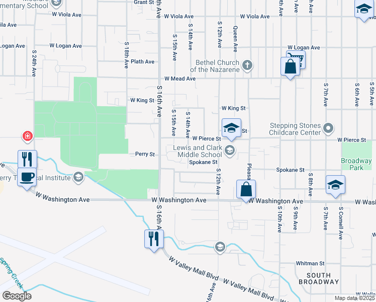 map of restaurants, bars, coffee shops, grocery stores, and more near 1712 South 14th Avenue in Yakima