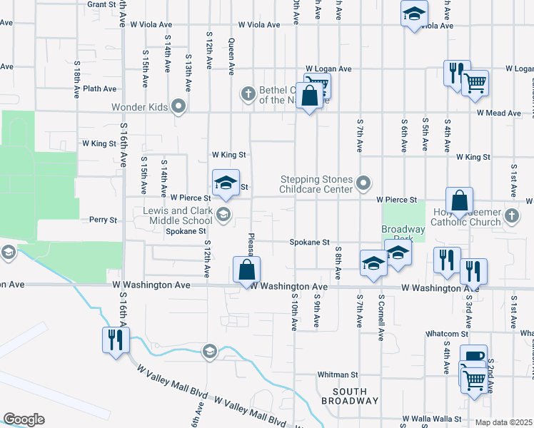 map of restaurants, bars, coffee shops, grocery stores, and more near 1708 South 11th Avenue in Yakima