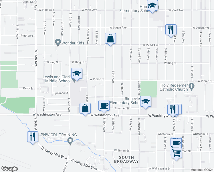 map of restaurants, bars, coffee shops, grocery stores, and more near 1707 South 10th Avenue in Yakima