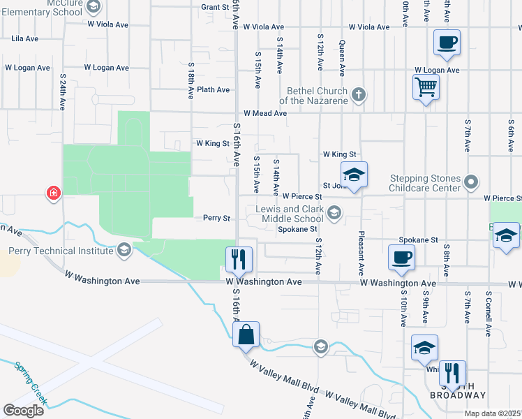 map of restaurants, bars, coffee shops, grocery stores, and more near 1502 Perry Loop in Yakima