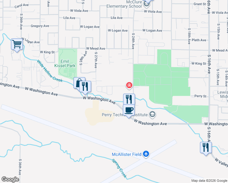 map of restaurants, bars, coffee shops, grocery stores, and more near 2500 Racquet Lane in Yakima