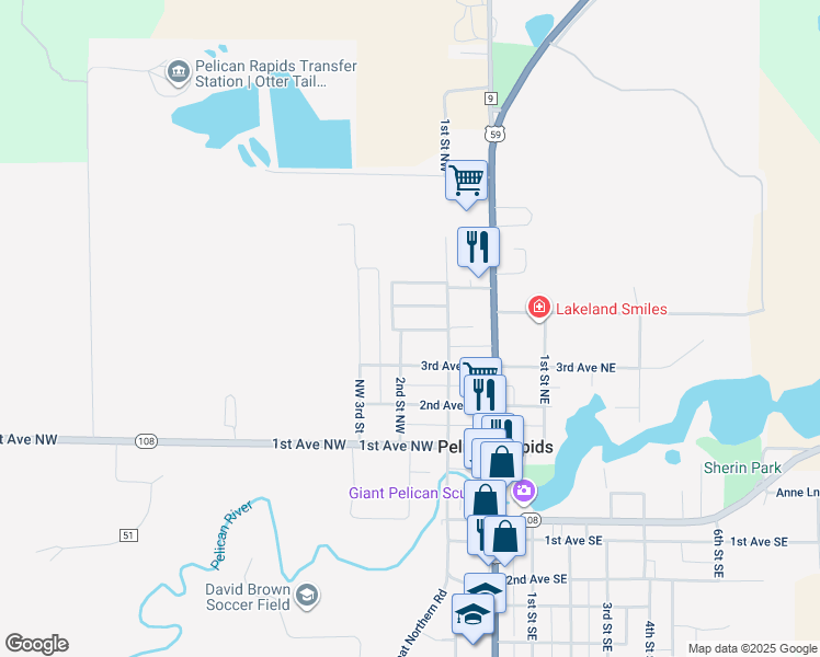 map of restaurants, bars, coffee shops, grocery stores, and more near 128 4 1/2 Avenue Northwest in Pelican Rapids