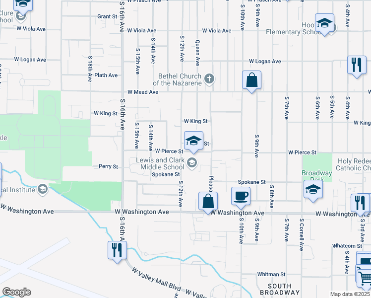 map of restaurants, bars, coffee shops, grocery stores, and more near 1111 West Pierce Street in Yakima