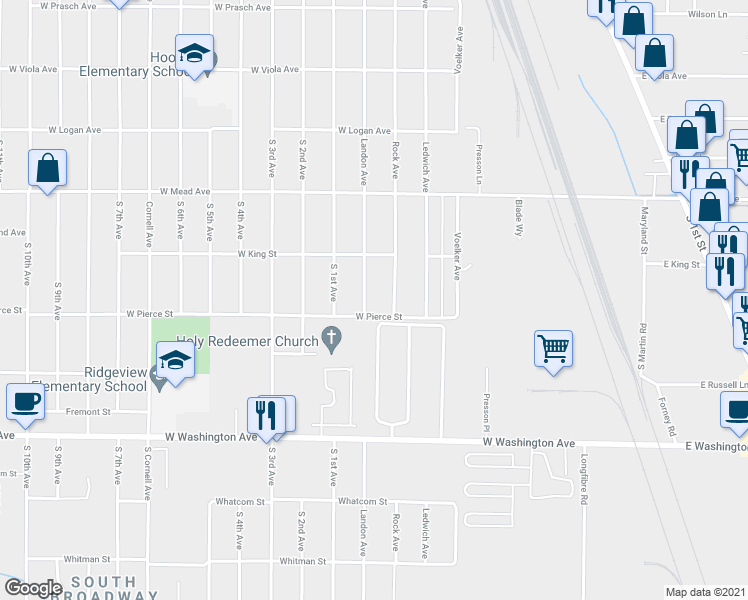 map of restaurants, bars, coffee shops, grocery stores, and more near 1617 Landon Avenue in Yakima