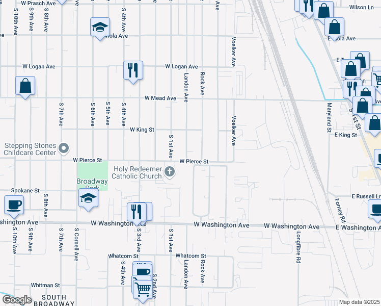 map of restaurants, bars, coffee shops, grocery stores, and more near 1613 Landon Avenue in Yakima