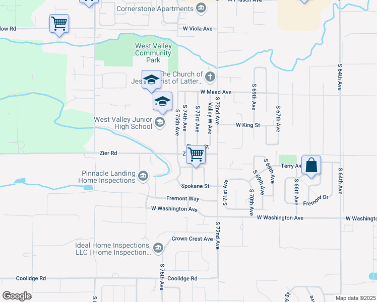 map of restaurants, bars, coffee shops, grocery stores, and more near 7201-7499 Zier Road in Yakima
