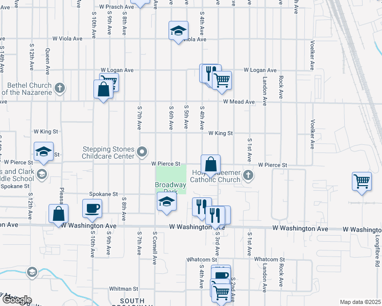 map of restaurants, bars, coffee shops, grocery stores, and more near 1613 South 5th Avenue in Yakima