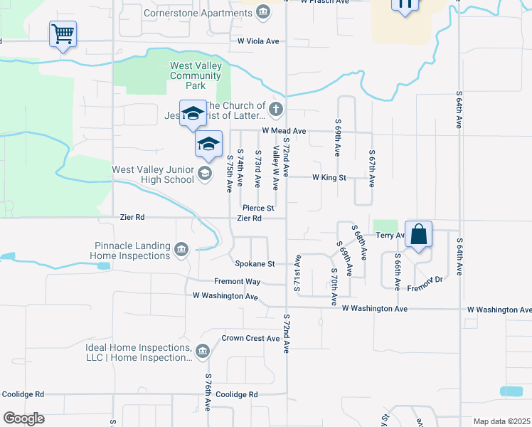 map of restaurants, bars, coffee shops, grocery stores, and more near 7300 Pierce Street in Yakima