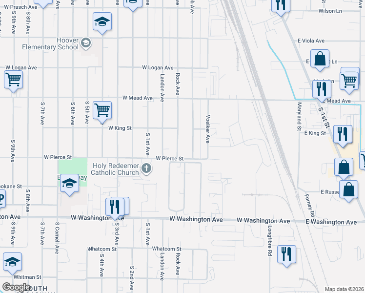 map of restaurants, bars, coffee shops, grocery stores, and more near 37 West Pierce Street in Yakima