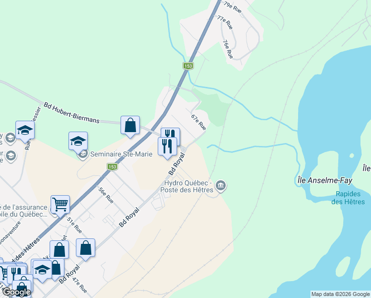 map of restaurants, bars, coffee shops, grocery stores, and more near 6583 Boulevard Royal in Shawinigan