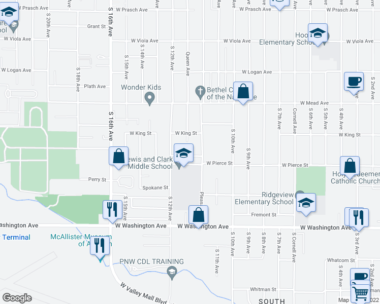 map of restaurants, bars, coffee shops, grocery stores, and more near 1117 Saint John Street in Yakima
