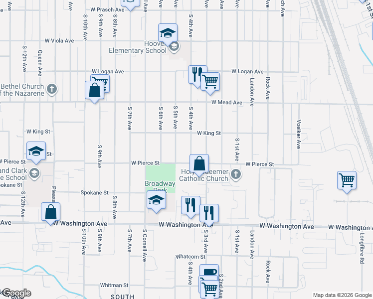 map of restaurants, bars, coffee shops, grocery stores, and more near 1613 S 5th Ave in Yakima