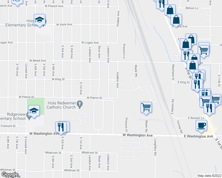 map of restaurants, bars, coffee shops, grocery stores, and more near 1613 Ledwich Avenue in Yakima