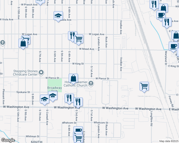 map of restaurants, bars, coffee shops, grocery stores, and more near 1612 S 1st Ave in Yakima