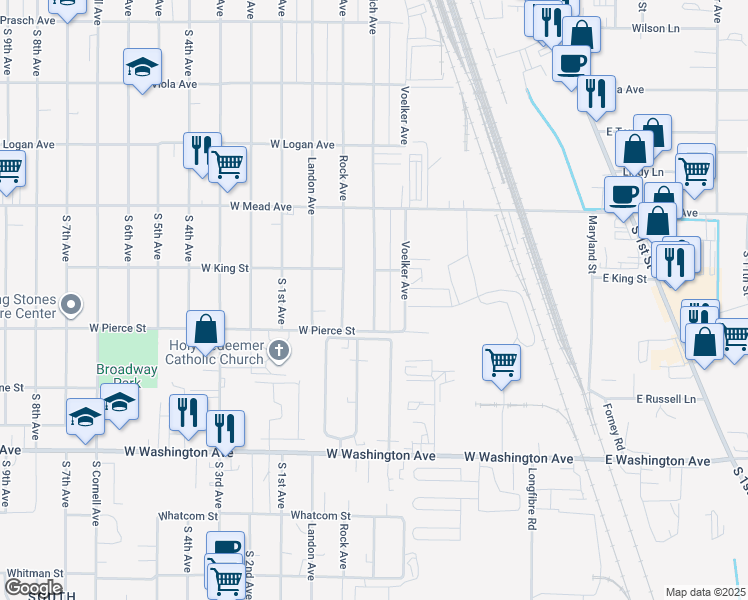 map of restaurants, bars, coffee shops, grocery stores, and more near 1613 Ledwich Avenue in Yakima