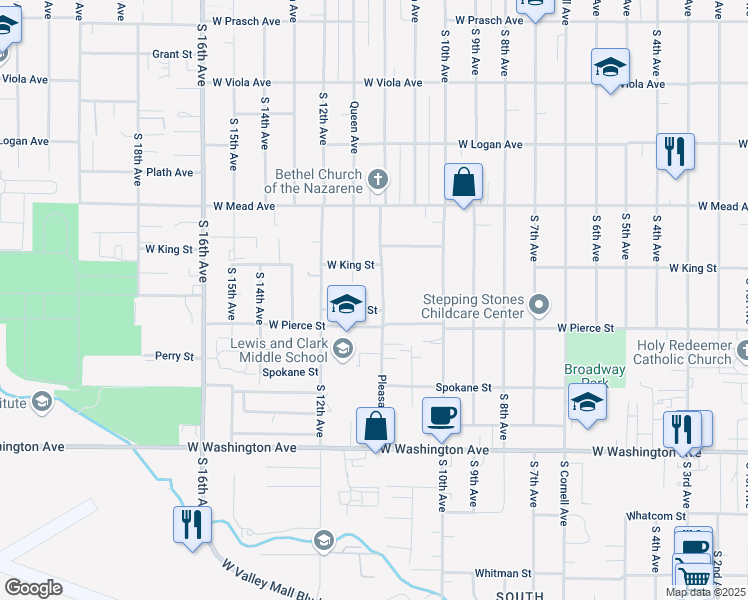 map of restaurants, bars, coffee shops, grocery stores, and more near 1117 Saint John Street in Yakima