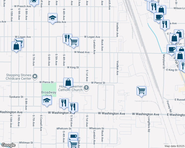 map of restaurants, bars, coffee shops, grocery stores, and more near 1613 Landon Avenue in Yakima